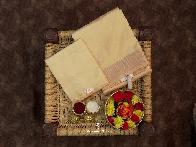 Sandal Pure Silk Dhoti, Angavastram & Shirt (2.50M) with Copper Zari Border