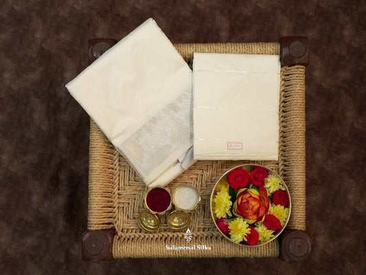 White Pure Silk Dhoti, Angavastram & Shirt (2.50M) with Silver Zari Border