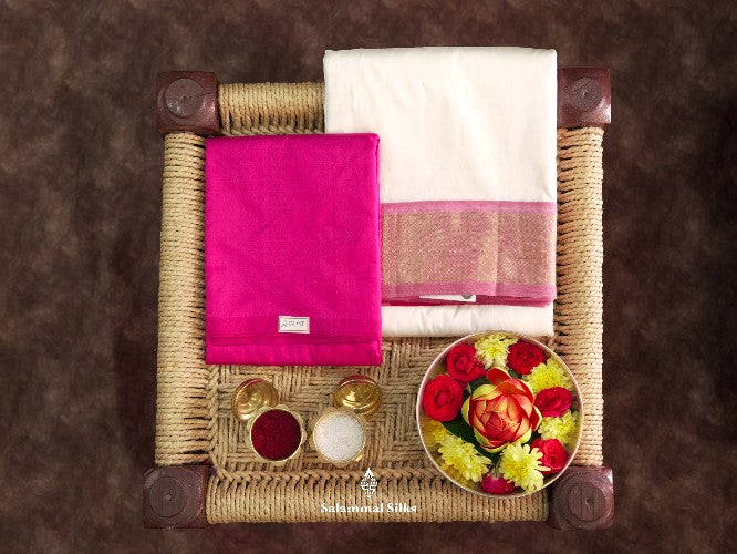 Off White Pure Silk Dhoti, Angavastram & Shirt (2.50M) with Magenta Border