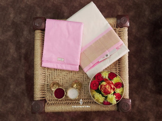 Off White Pure Silk Dhoti, Angavastram & Shirt (2.50M) with Baby Pink Border