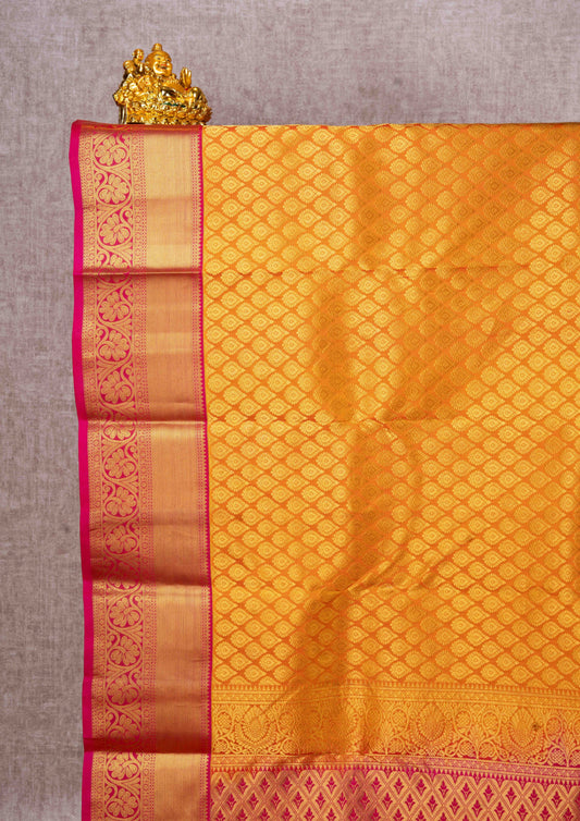 Kanjivaram Musturd Yellow Pure Silk Jacquard Saree With Pink Blouse