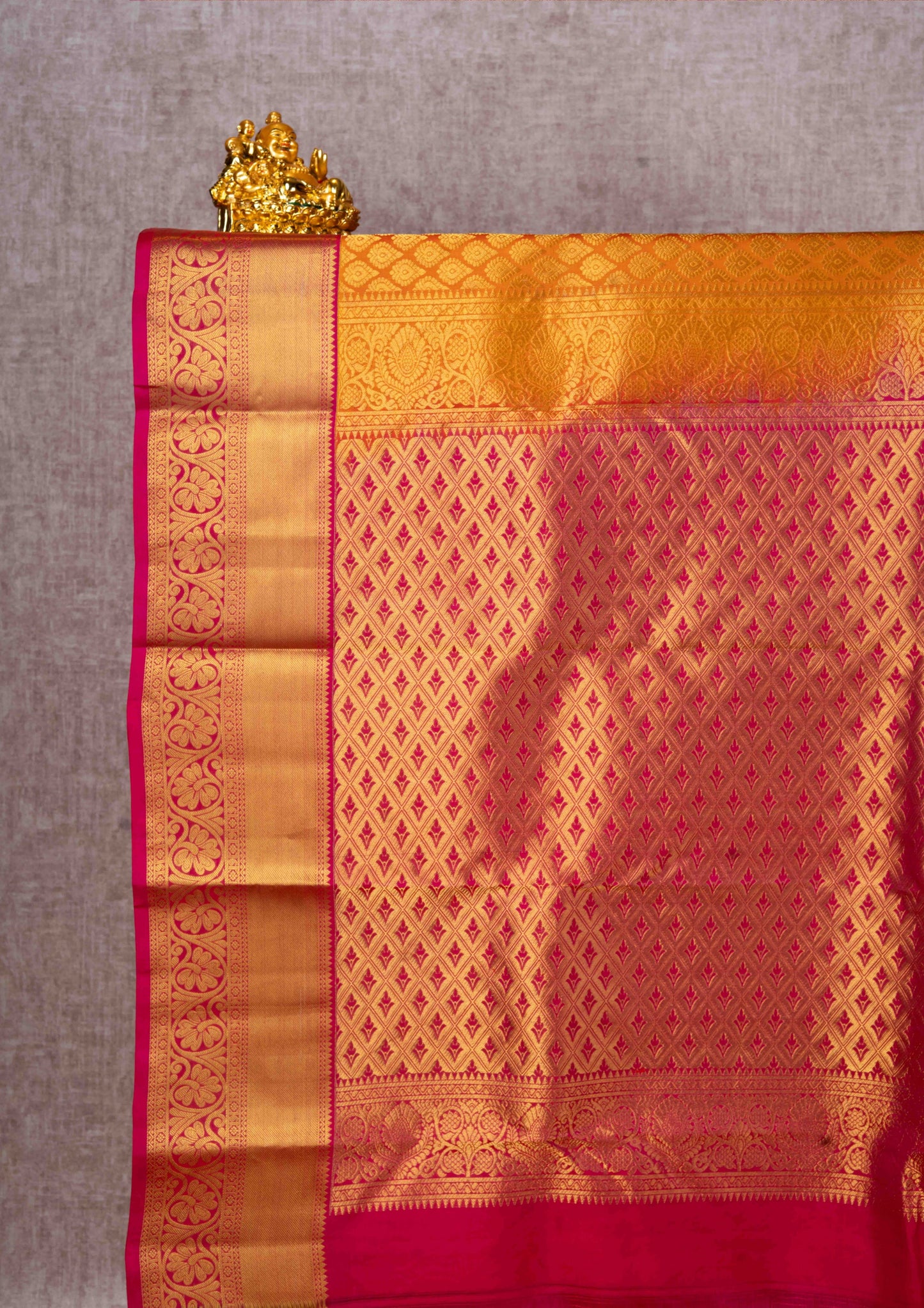 Kanjivaram Musturd Yellow Pure Silk Jacquard Saree With Pink Blouse