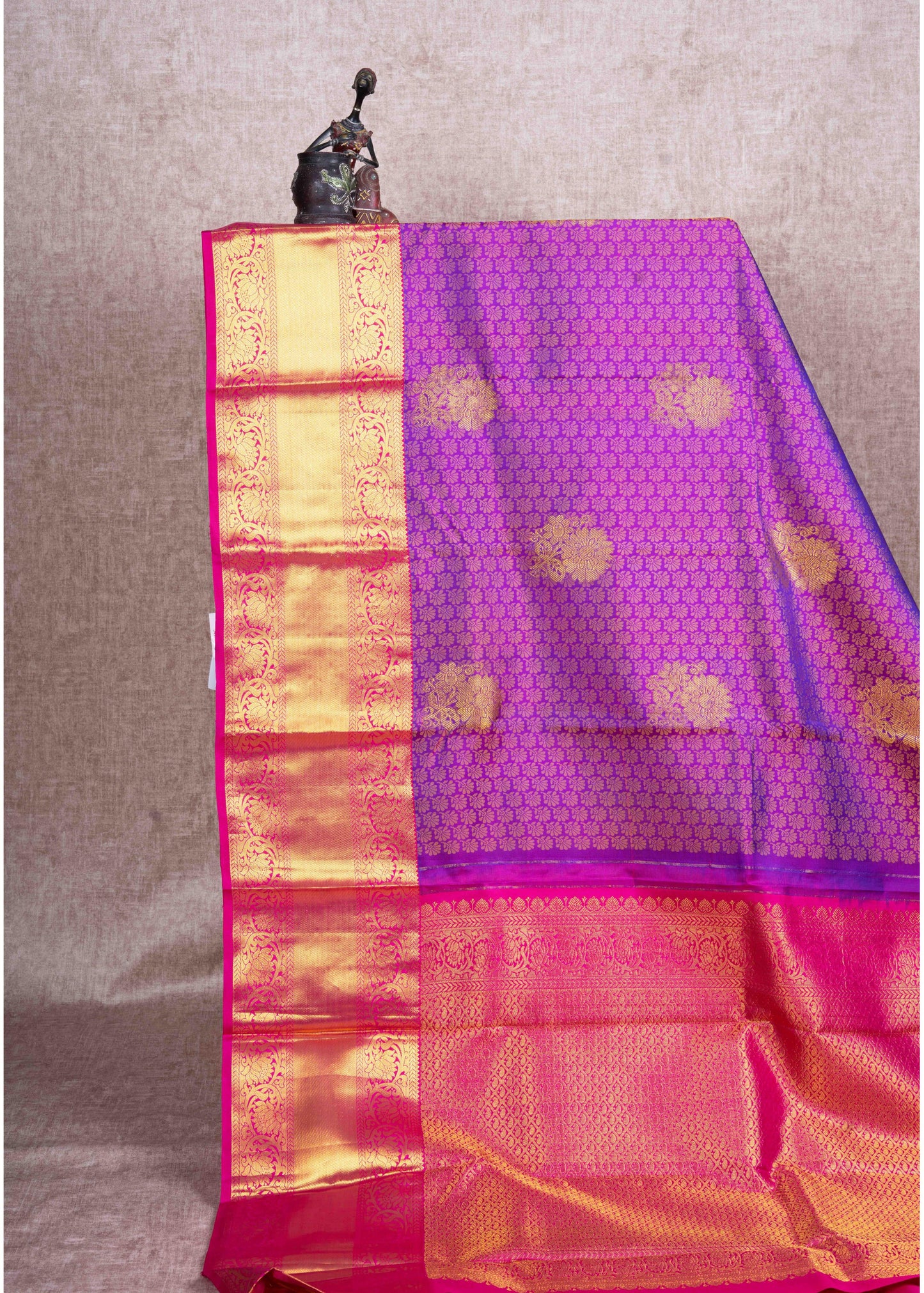 Kanjivaram Violet Pure Silk Jacquard Saree With Pink Blouse