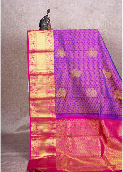 Kanjivaram Violet Pure Silk Jacquard Saree With Pink Blouse