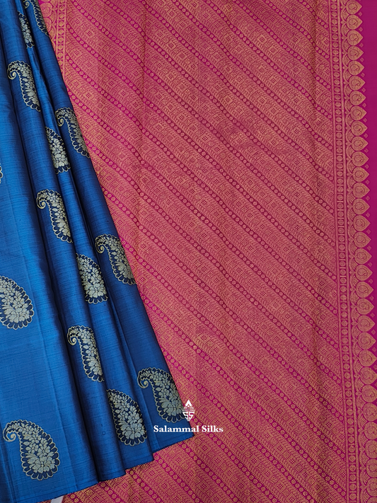 Kanjivaram Ramar Blue Pure Silk Saree With Magenta Rose Blouse