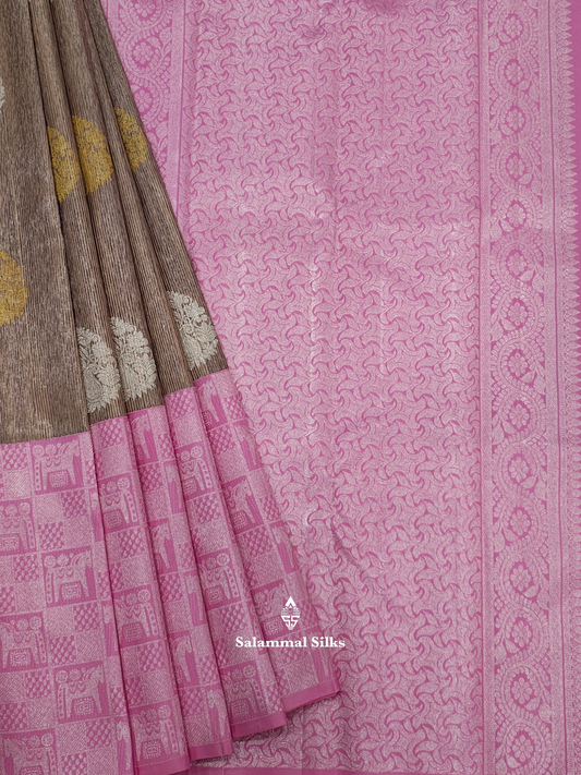 Kanjivaram Korvai Peach Brown Pure Silk Saree With One Side Baby Pink Border