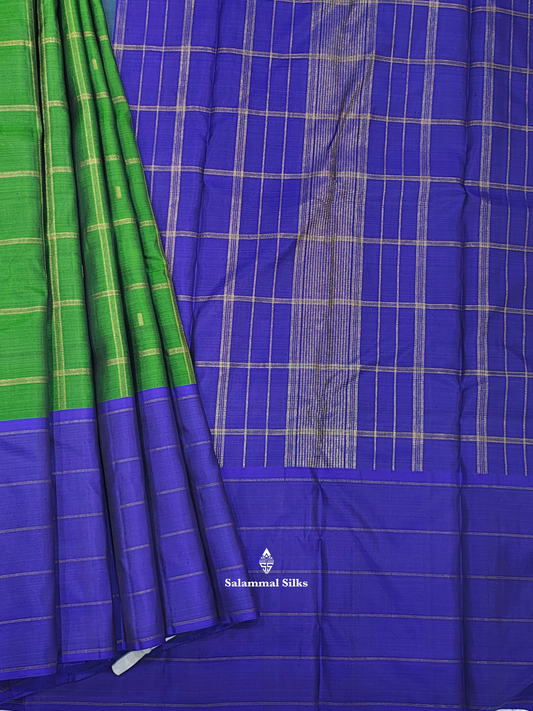 Kanjivaram Pure Silvar Zari Olive Green Cheks Pure Silk Saree With Royal Blue Border