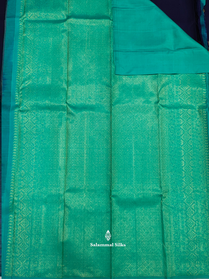 Kanjivaram Navy Blue Fancy Pure Silk Saree With Sapphire Green Blouse