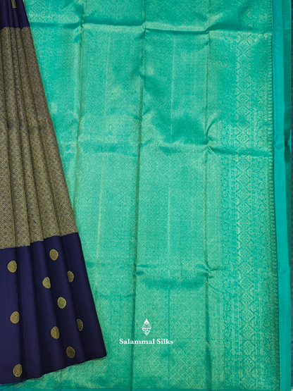 Kanjivaram Navy Blue Fancy Pure Silk Saree With Sapphire Green Blouse