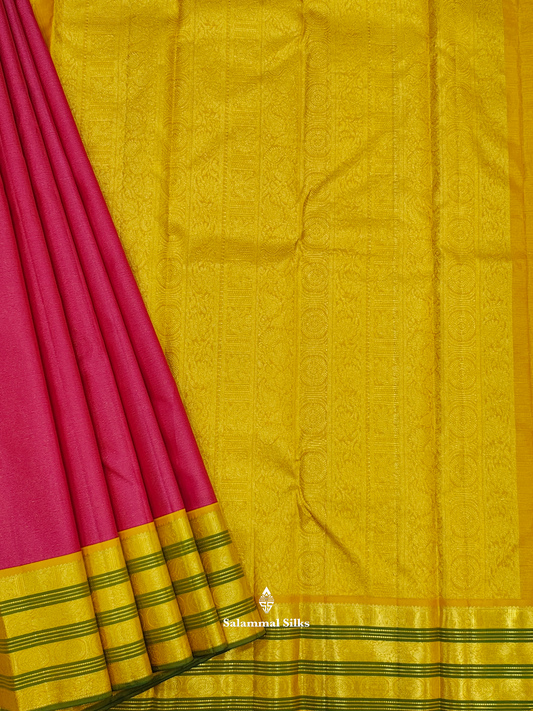 Kanjivaram Reddish Pink Traditional Pure Silk Saree With Mango Yellow Border