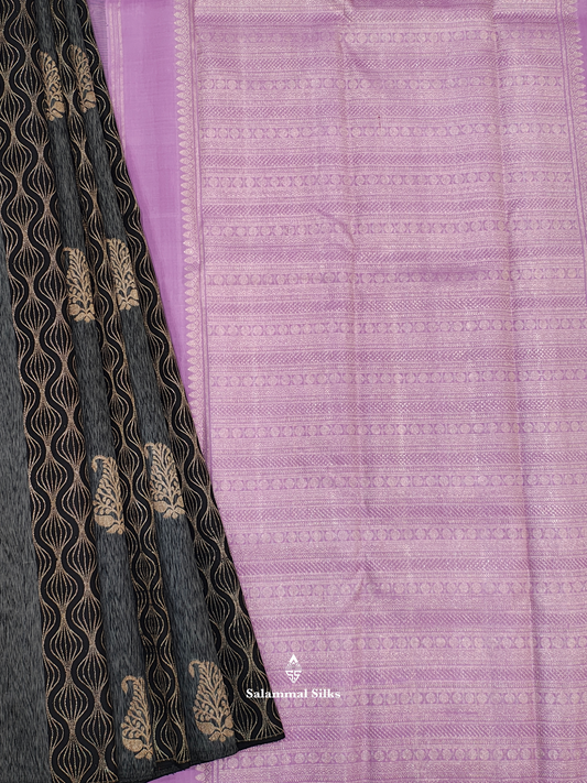 Kanjivaram Black Grey Beutiful Fancy Pure Silk Saree With Lavender Blouse