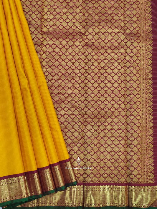 Kanjivaram Korvai Mango Yellow Checks Traditional Pure Silk Saree With MaroonBorder