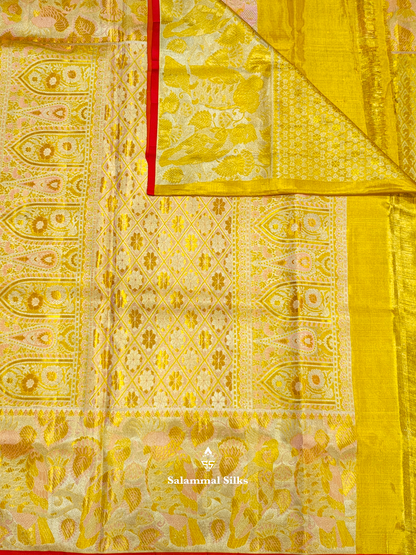 Kanjivaram Golden Yellow Grand Beautiful Wedding Pure Silk Saree With Kalamkari Border