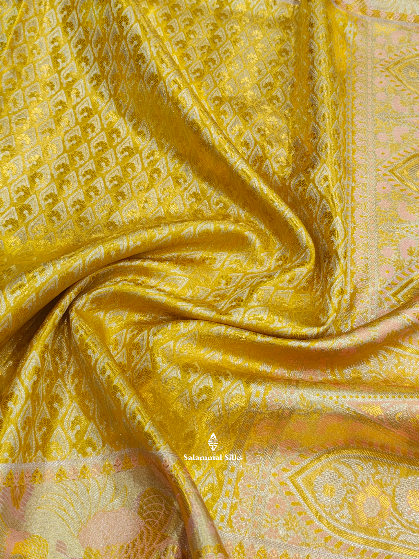 Kanjivaram Golden Yellow Grand Beautiful Wedding Pure Silk Saree With Kalamkari Border