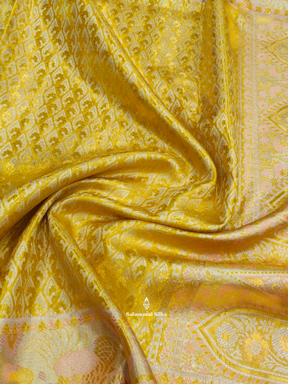 Kanjivaram Golden Yellow Grand Beautiful Wedding Pure Silk Saree With Kalamkari Border