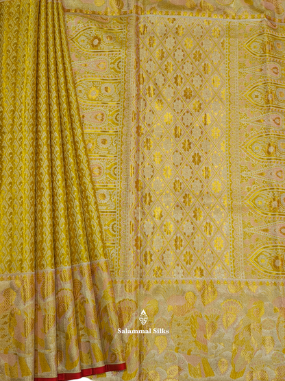 Kanjivaram Golden Yellow Grand Beautiful Wedding Pure Silk Saree With Kalamkari Border