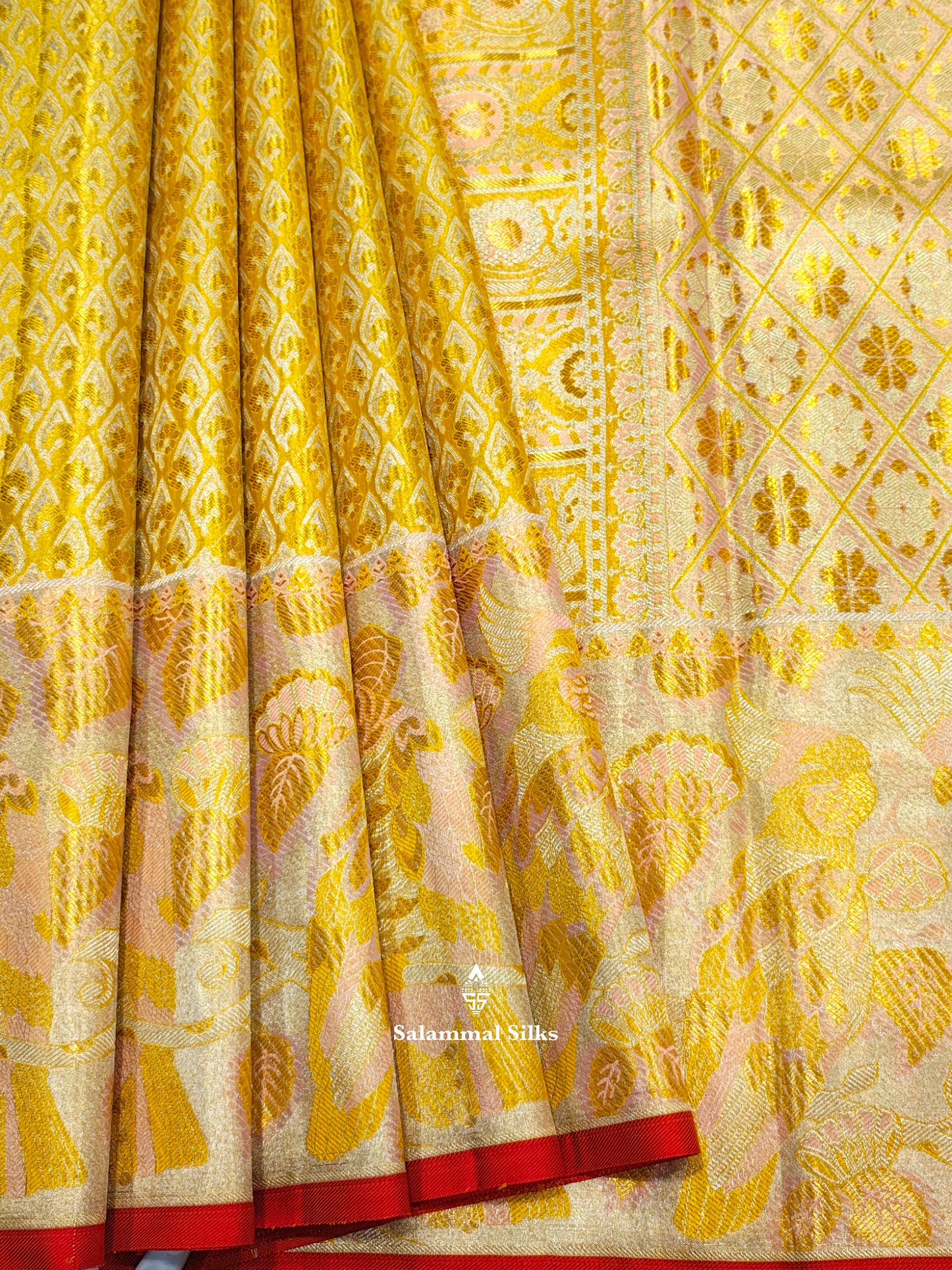 Kanjivaram Golden Yellow Grand Beautiful Wedding Pure Silk Saree With Kalamkari Border