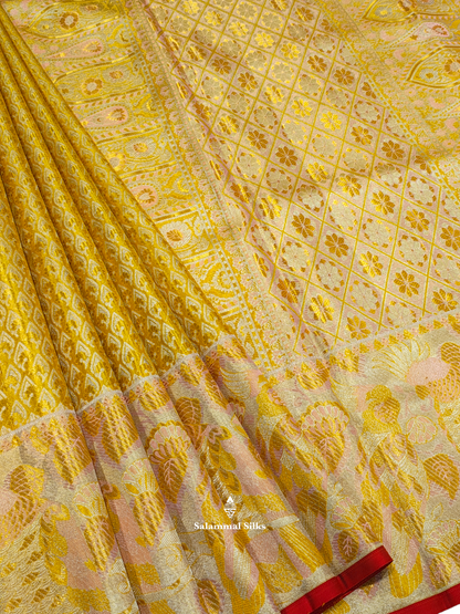 Kanjivaram Golden Yellow Grand Beautiful Wedding Pure Silk Saree With Kalamkari Border