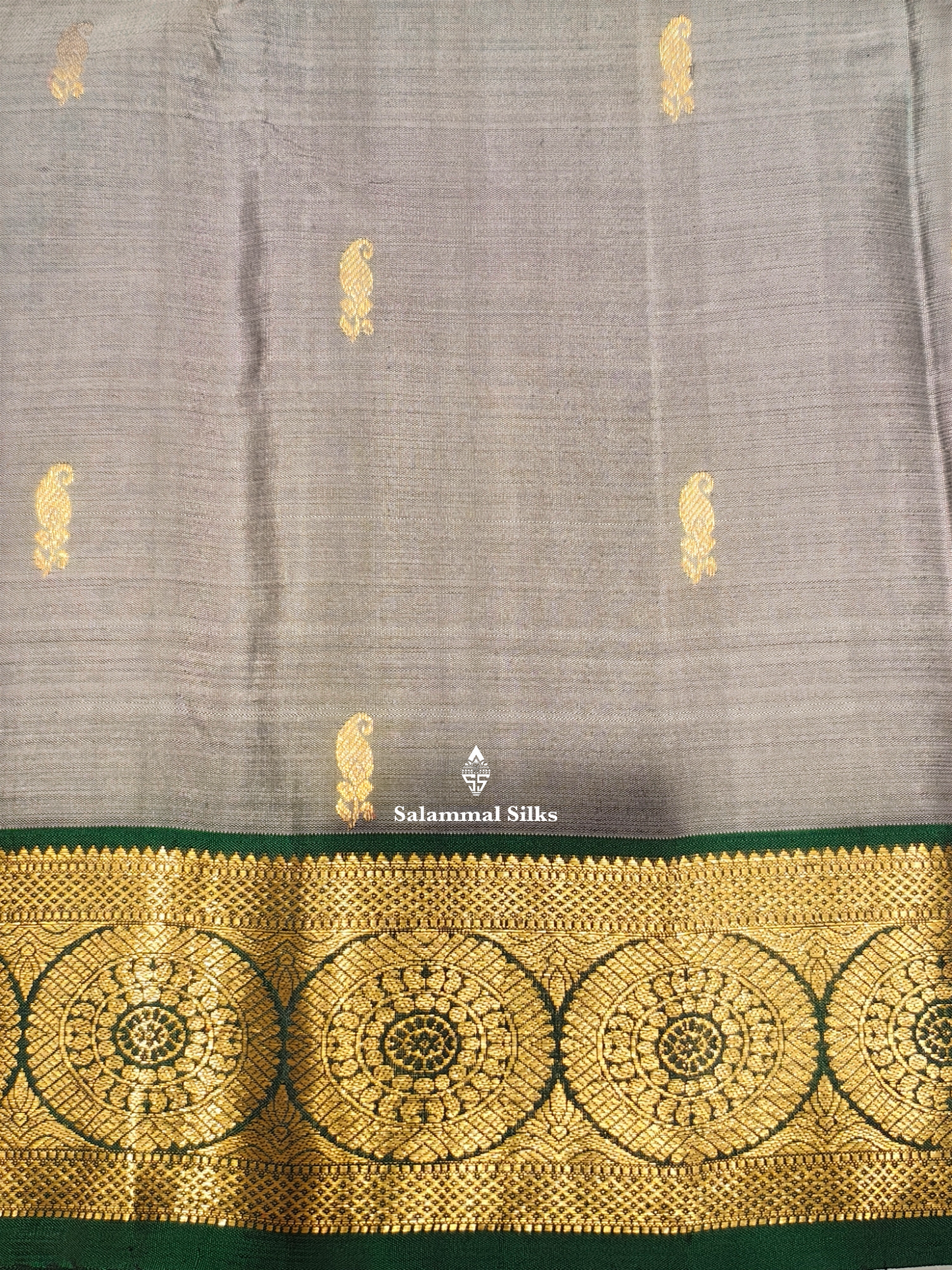 Kanjivaram Beautiful Grey Pure Silk Saree With Bottle Green Border