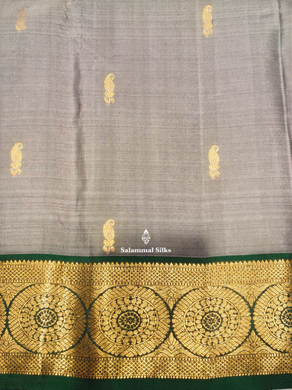 Kanjivaram Beautiful Grey Pure Silk Saree With Bottle Green Border