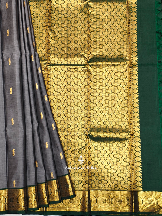 Kanjivaram Beautiful Grey Pure Silk Saree With Bottle Green Border