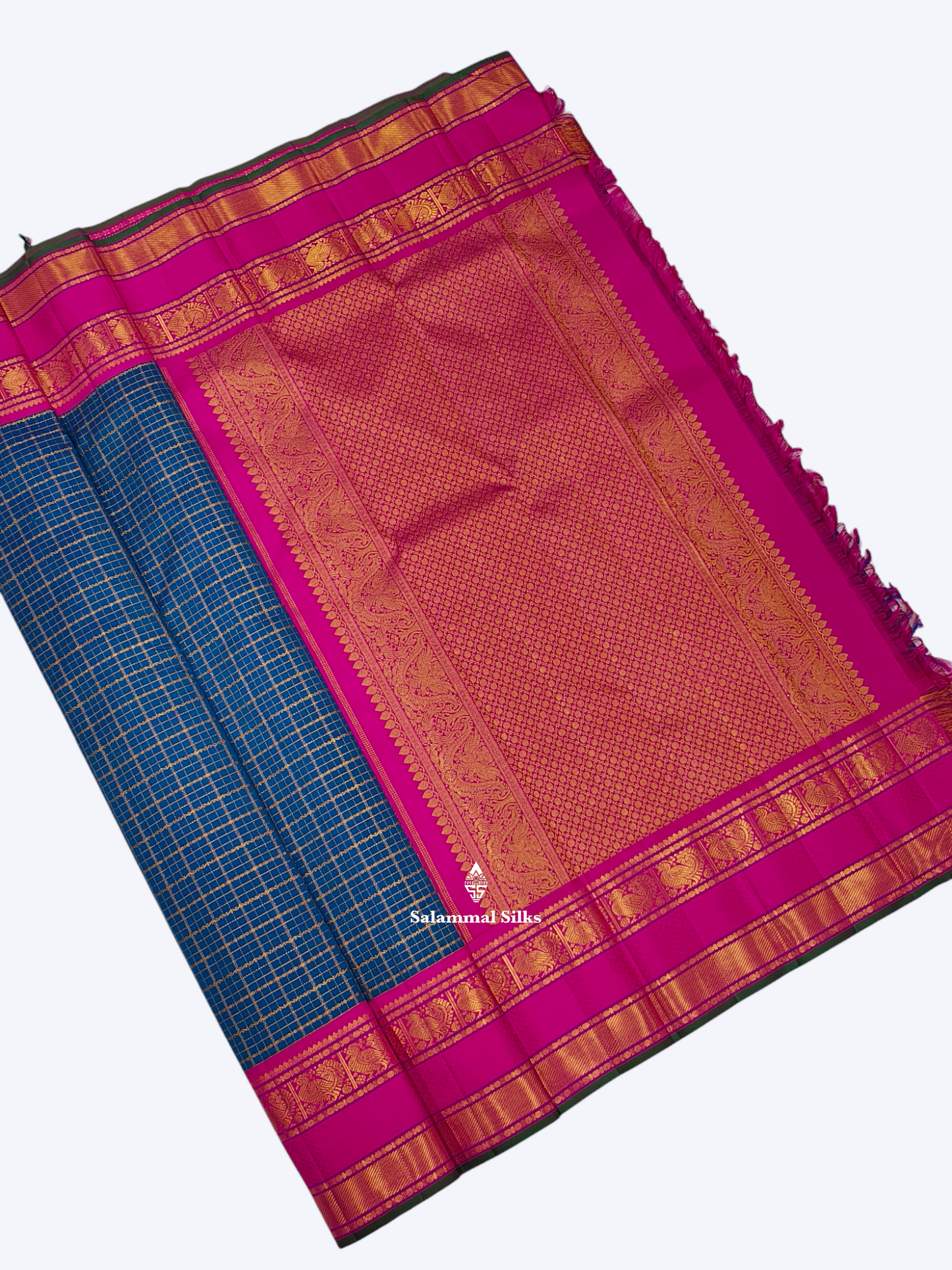 Kanjivaram Beautiful Anandha Blue Checks Pure Silk Saree With Korvai Magenta Rose  Border