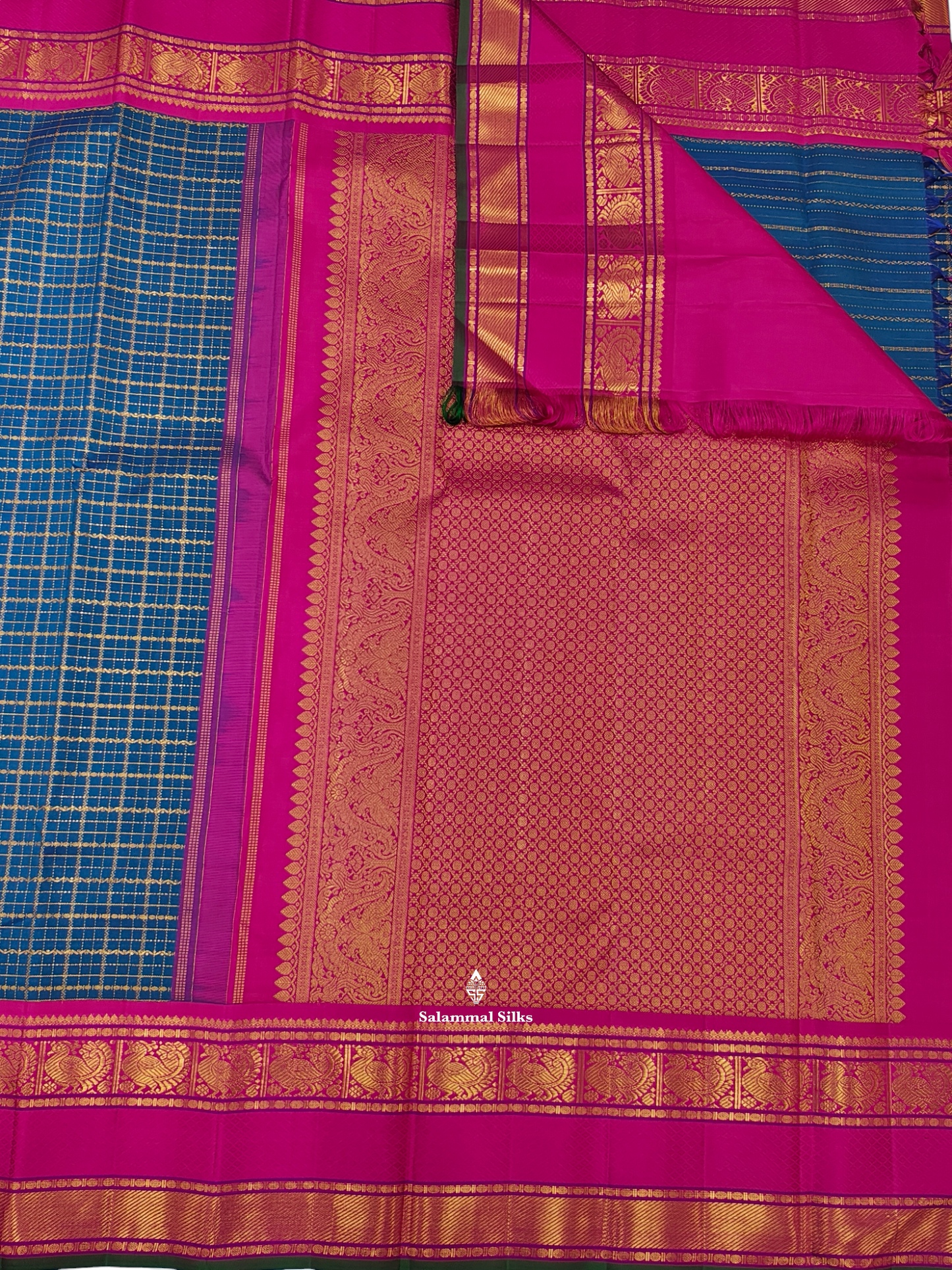 Kanjivaram Beautiful Anandha Blue Checks Pure Silk Saree With Korvai Magenta Rose  Border