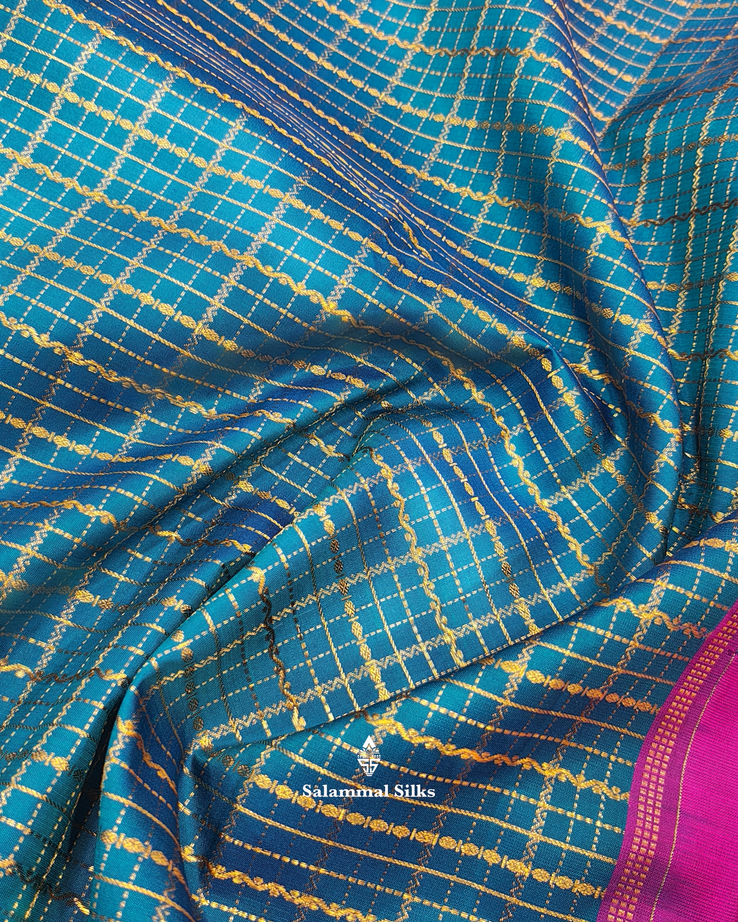 Kanjivaram Beautiful Anandha Blue Checks Pure Silk Saree With Korvai Magenta Rose  Border