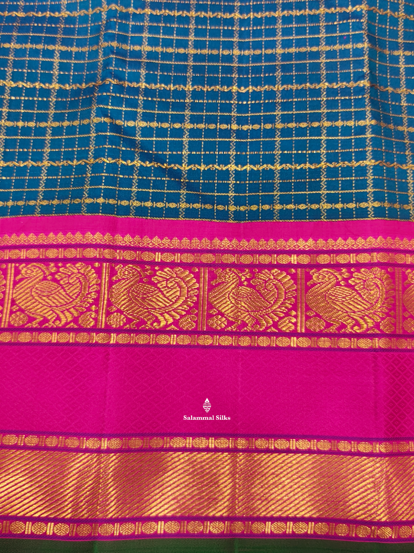 Kanjivaram Beautiful Anandha Blue Checks Pure Silk Saree With Korvai Magenta Rose  Border