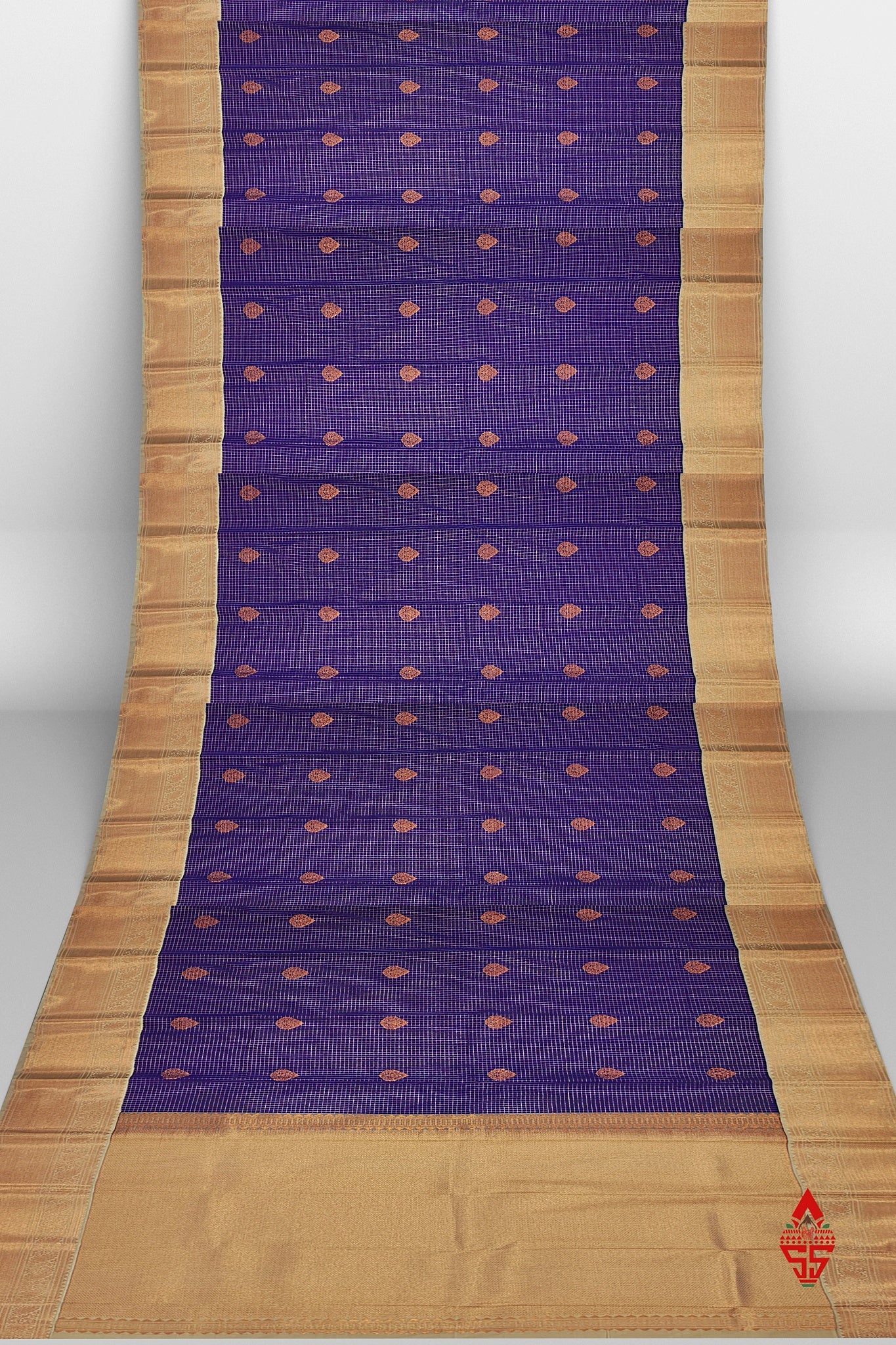 Violet Checks Semi Silk Saree With Sandal Border