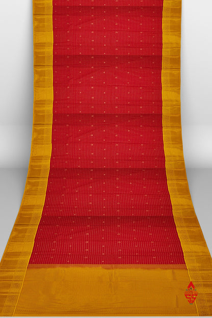 Red Checks Semi Silk Saree With Yellow Border