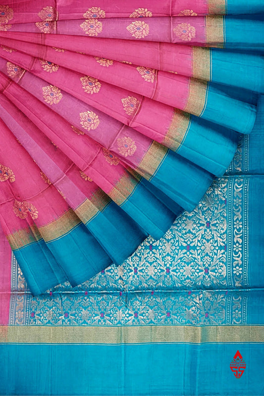 Pink Fancy Pure Soft Silk Saree With Light Ramar Blue Border