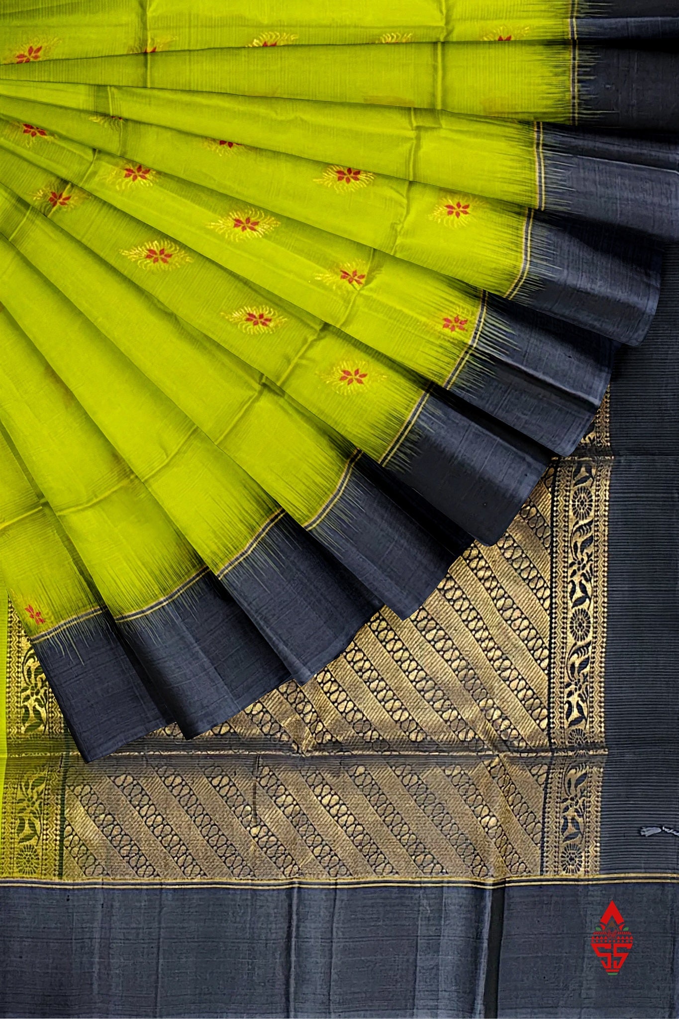 Parrot Green Fancy Pure Soft Silk Saree With Grey Border