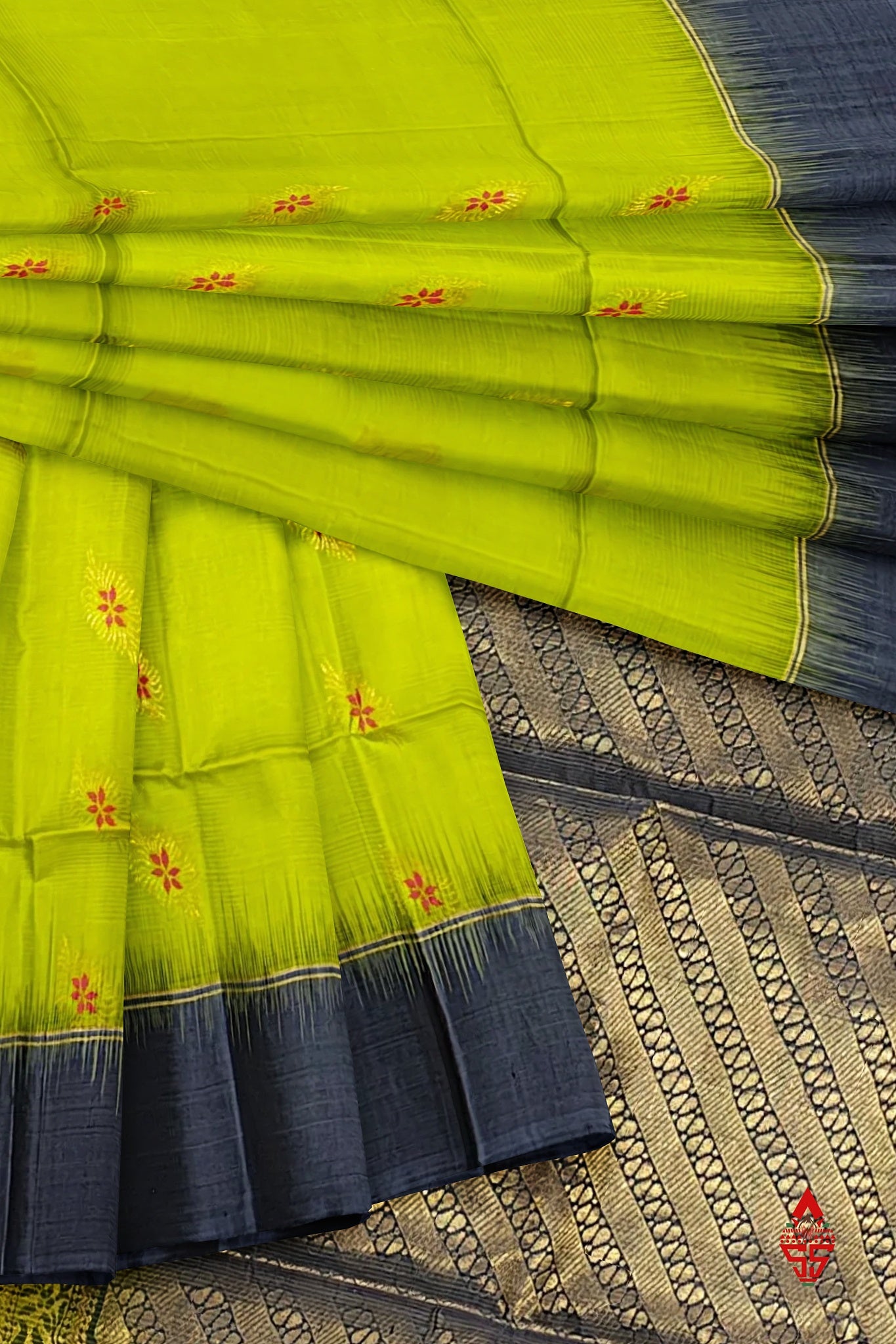 Parrot Green Fancy Pure Soft Silk Saree With Grey Border