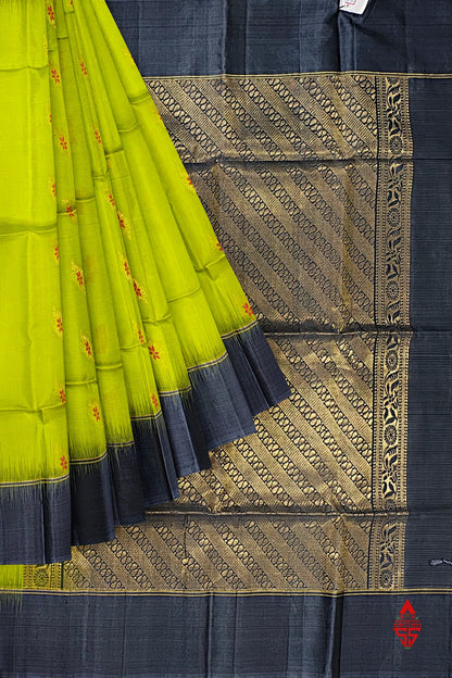 Parrot Green Fancy Pure Soft Silk Saree With Grey Border