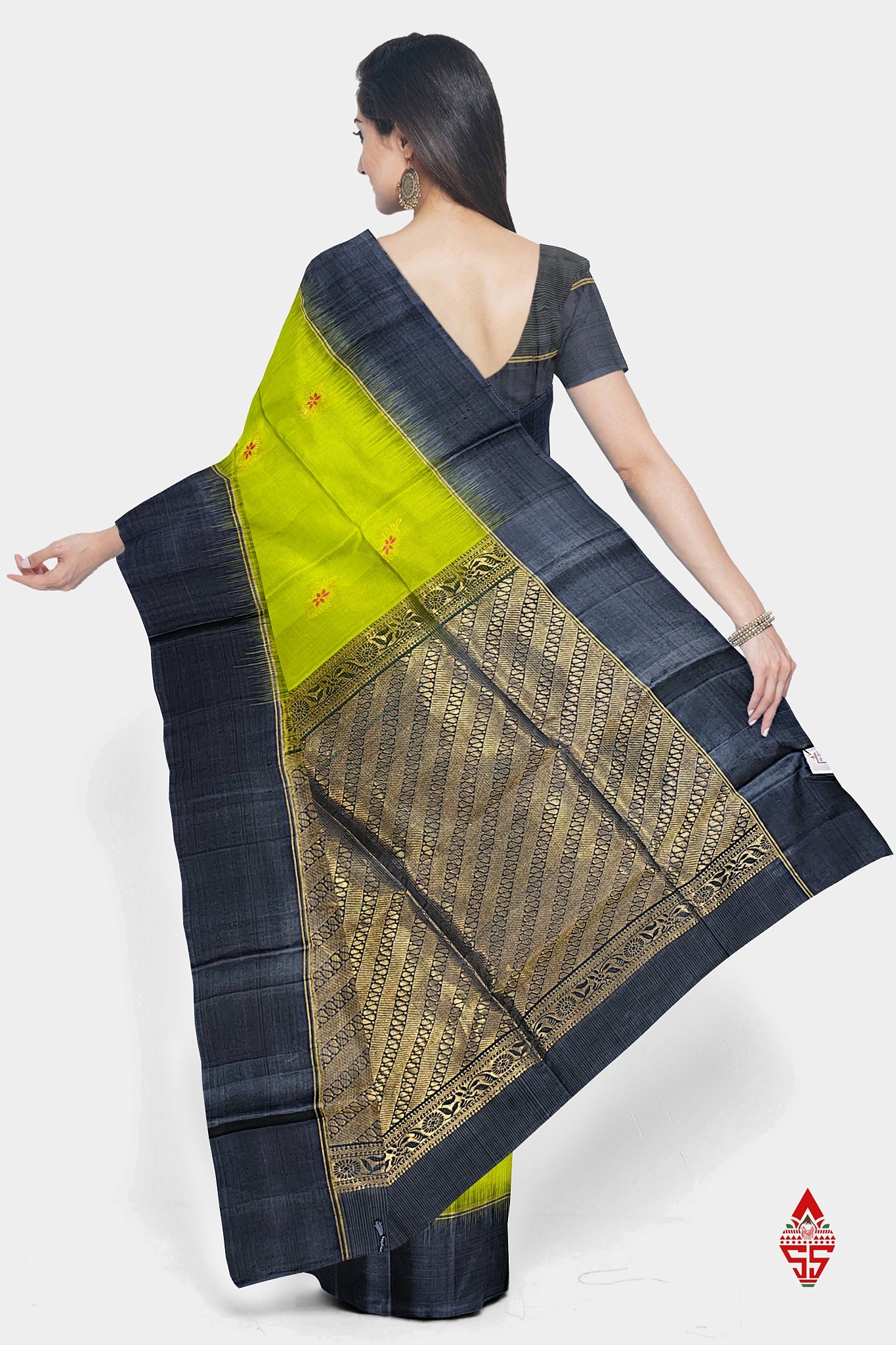 Parrot Green Fancy Pure Soft Silk Saree With Grey Border