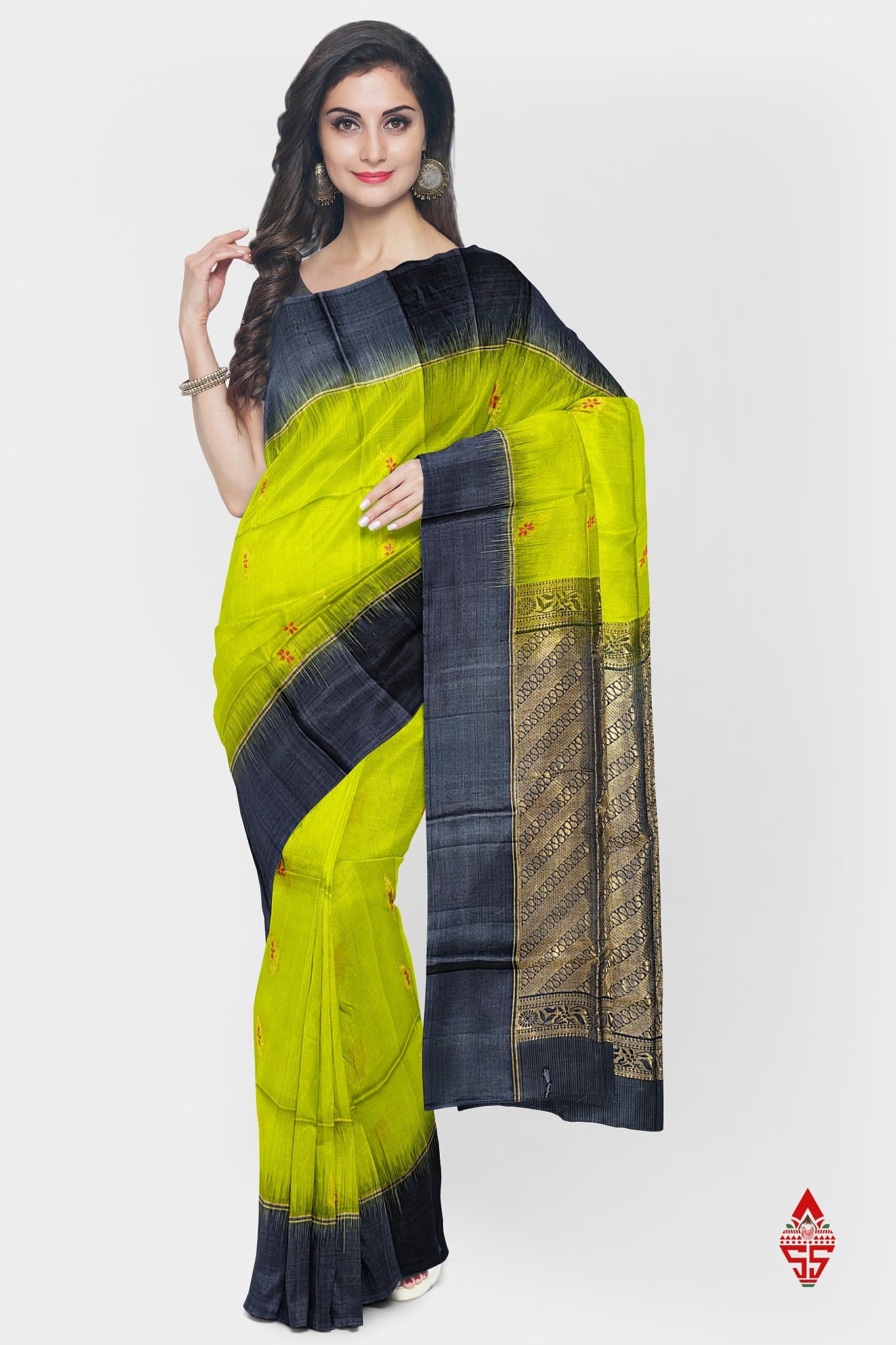 Parrot Green Fancy Pure Soft Silk Saree With Grey Border