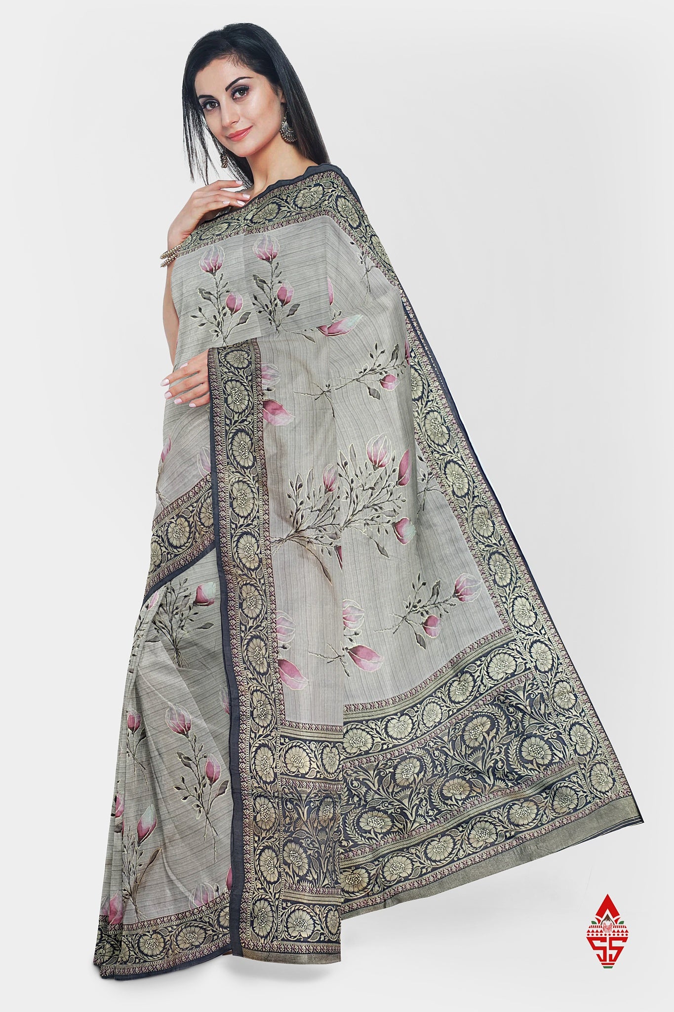 Ash Dola Beautiful Fancy Saree With Grey Border