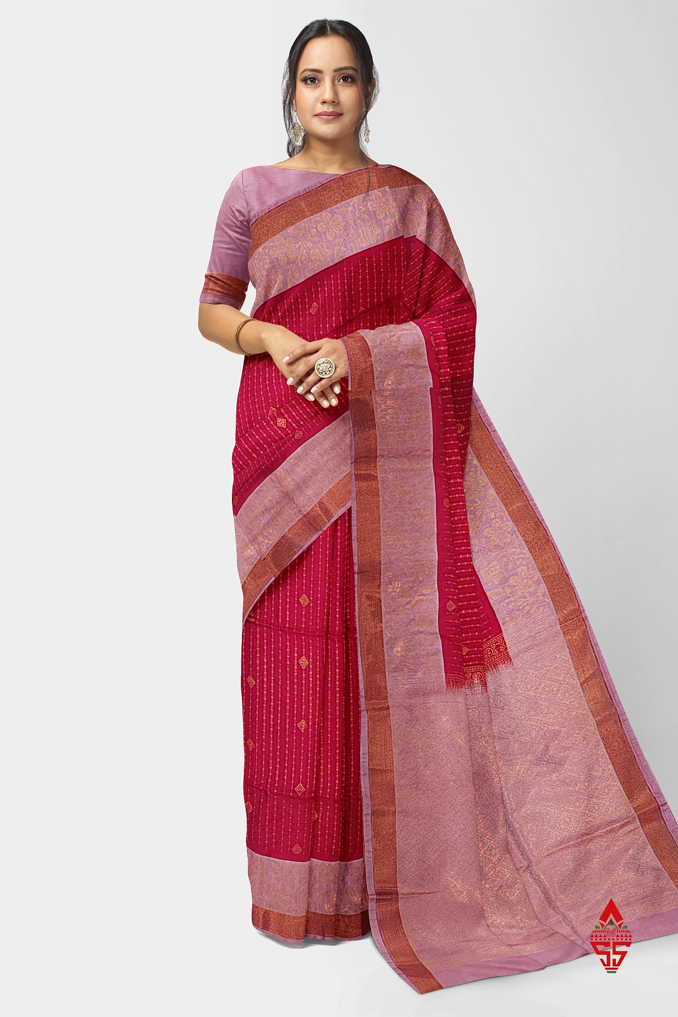 Red Semi Soft Silk Saree With Baby Pink Blouse