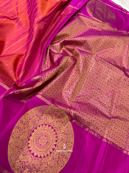 Kanjivaram Pinkish Orange Pure Silk Saree With Violet Big Butta Border