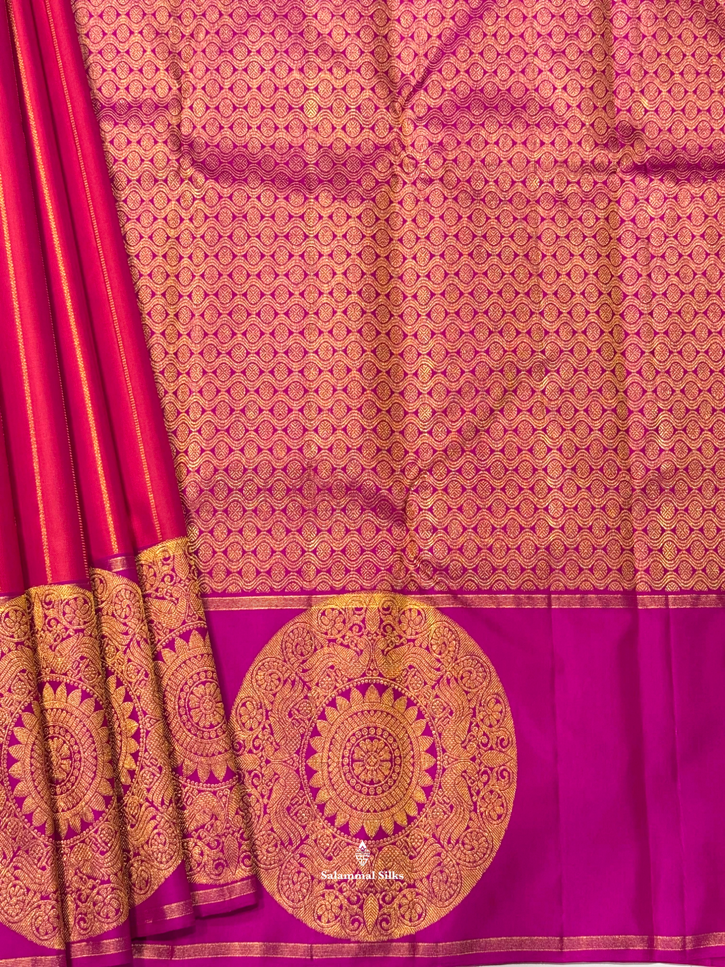 Kanjivaram Pinkish Orange Pure Silk Saree With Violet Big Butta Border