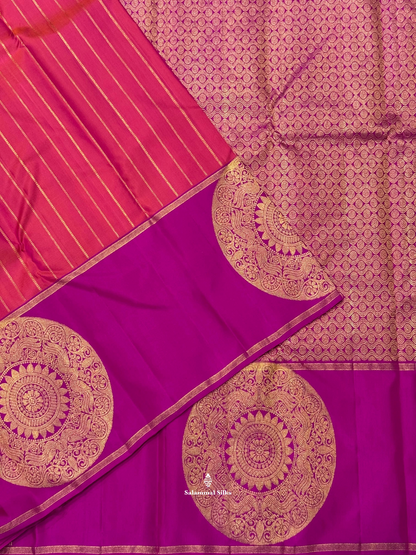 Kanjivaram Pinkish Orange Pure Silk Saree With Violet Big Butta Border