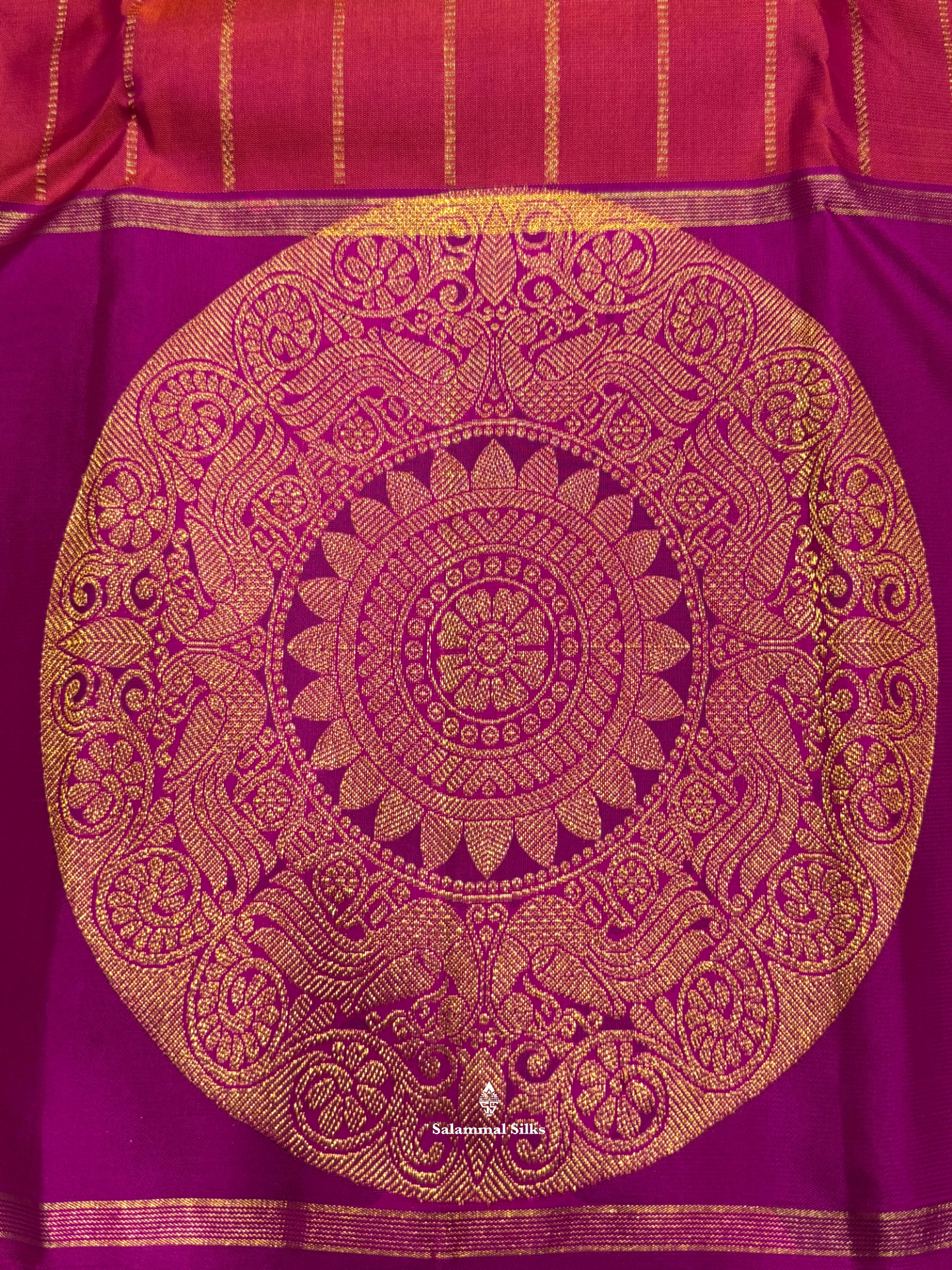 Kanjivaram Pinkish Orange Pure Silk Saree With Violet Big Butta Border