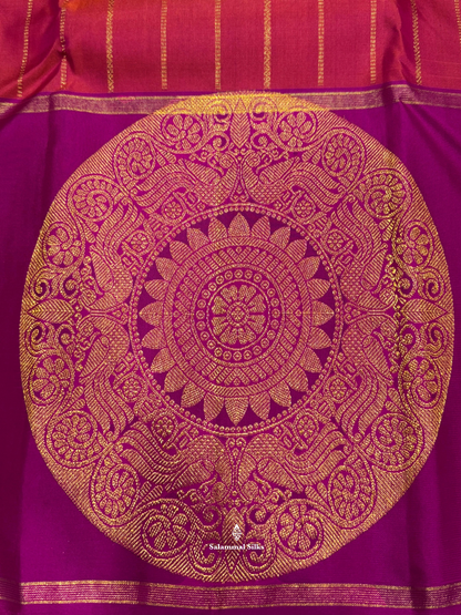 Kanjivaram Pinkish Orange Pure Silk Saree With Violet Big Butta Border