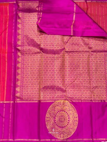 Kanjivaram Pinkish Orange Pure Silk Saree With Violet Big Butta Border