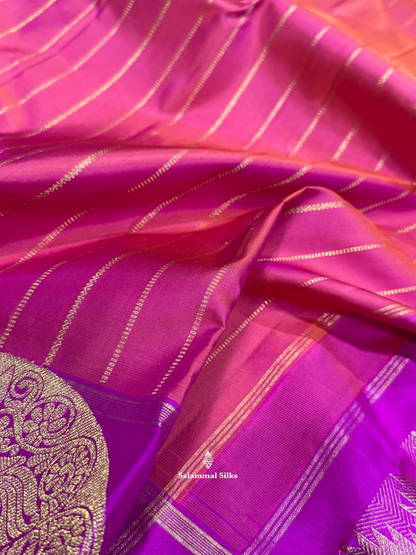 Kanjivaram Pinkish Orange Pure Silk Saree With Violet Big Butta Border