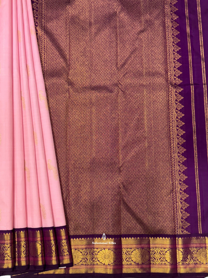 Kanjivaram Baby Pink Pure Silk Saree With Dark Violet Border