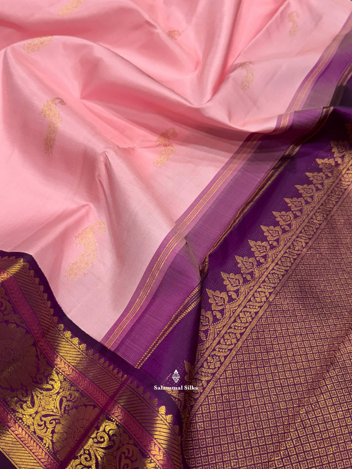 Kanjivaram Baby Pink Pure Silk Saree With Dark Violet Border