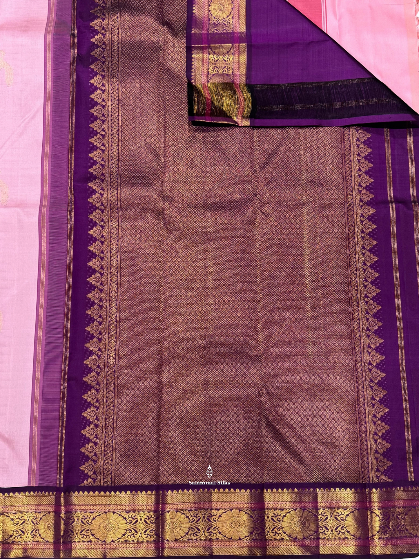 Kanjivaram Baby Pink Pure Silk Saree With Dark Violet Border