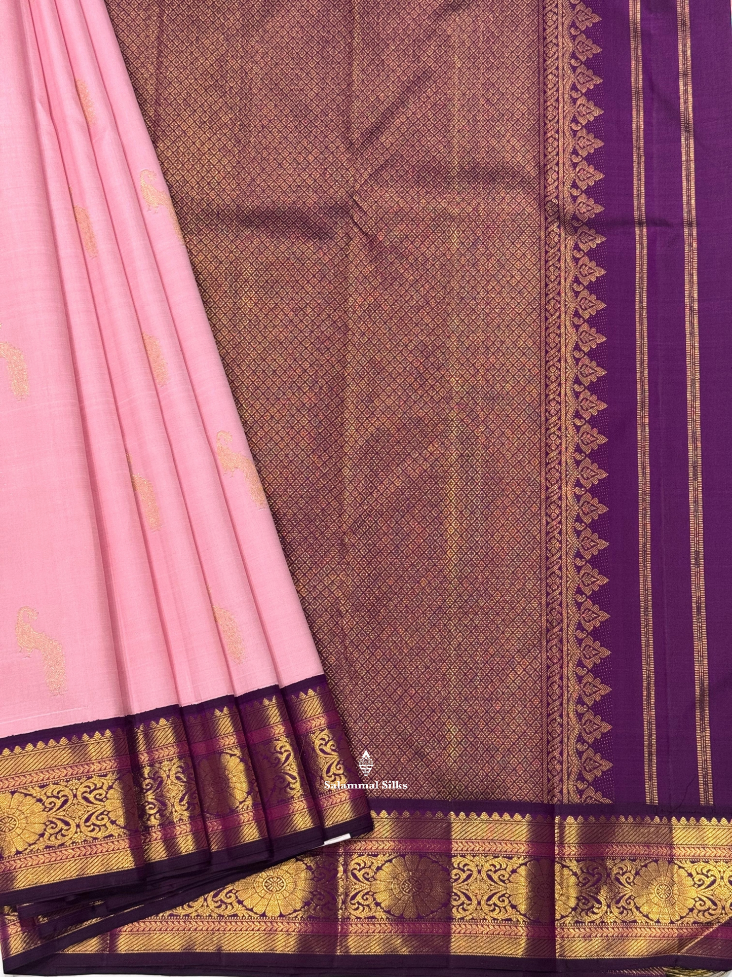 Kanjivaram Baby Pink Pure Silk Saree With Dark Violet Border